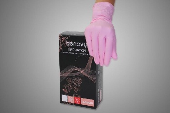 Перчатки нитриловые M текстурир. на пальцах BENOVY, розовые 500/50 Медикосм